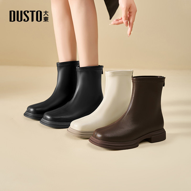 大东时装靴女鞋2025冬季新款时尚休闲粗跟后拉链中跟方头D0128