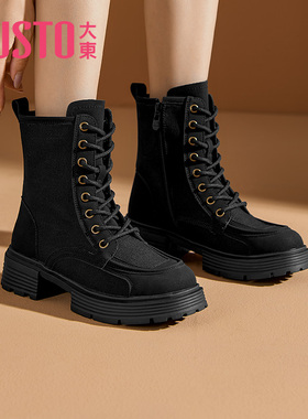 大东官方马丁靴女鞋冬季休闲圆头绑带中跟粗跟户外鞋0702A