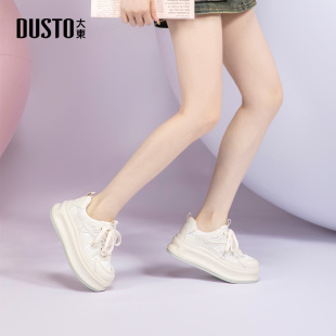 时尚 大东厚底小白鞋 新款 春季 休闲平底系带高跟圆头 女鞋