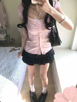 Bm French-Style Sweet Pink Ruffled Short-Sleeve Shirt for Women, Summer Slim-Fit Pure Desire Short V-Neck T-Shirt Top