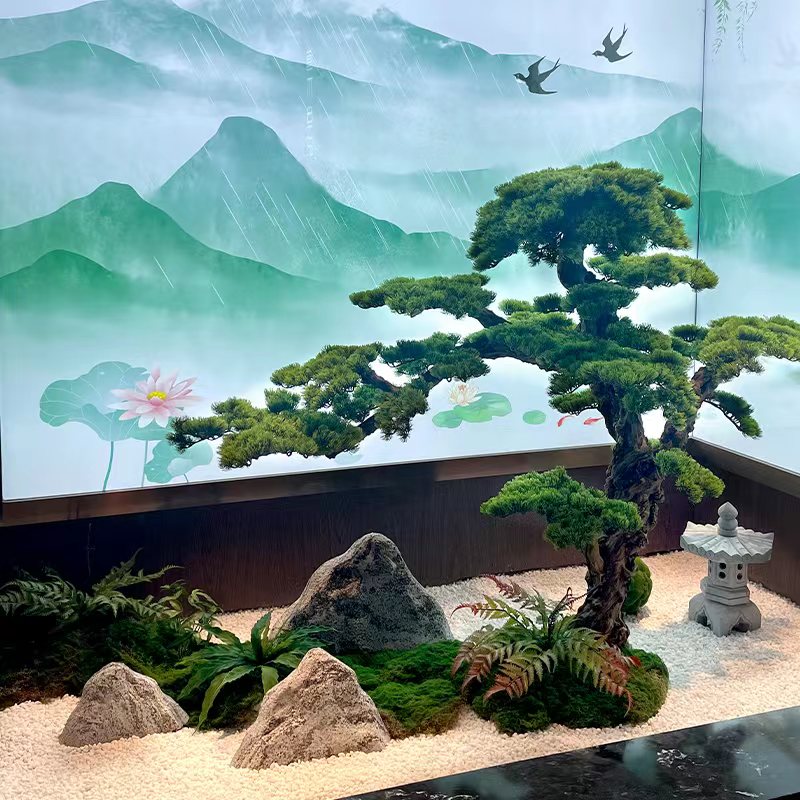 新中式彷真迎客松室内造景观装饰大型罗汉松假树茶楼饭厅玄关角落