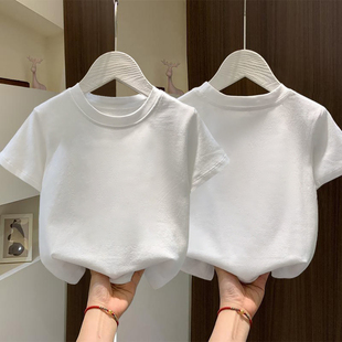 100%棉儿童纯色短袖t恤纯棉薄款夏装男女童宽松学生班服白色上衣