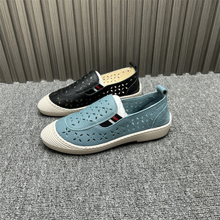 处理头层牛皮女鞋2025年春夏真皮镂空洞洞鞋平底浅口一脚蹬懒人鞋