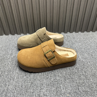 撤柜处理真皮勃肯鞋女包头外穿半拖鞋加绒保暖一脚蹬复古懒人棉拖