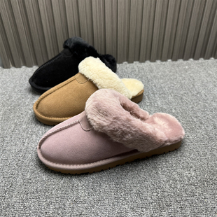 品牌撤柜牛皮男女同款情侣毛毛拖鞋女2025年冬季加绒包头真皮拖鞋