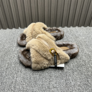 35码处理清仓拖鞋女冬季新款防滑交叉毛绒舒适加绒时尚露趾毛毛鞋
