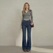 子 显腿长弹力百搭喇叭拖地裤 拉夏贝尔深蓝色微喇牛仔裤 女修身