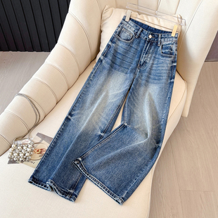 子 女2025秋冬高腰宽松遮肉显瘦裤 拉夏贝尔美式 复古蓝阔腿牛仔裤