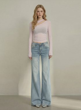 拉夏贝尔冰蓝色低腰微喇牛仔裤女2026春季新款显瘦拖地直筒长裤