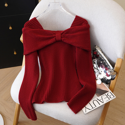 拉夏贝尔红色高级感一字肩蝴蝶结套头针织衫修身显瘦短款毛衣女