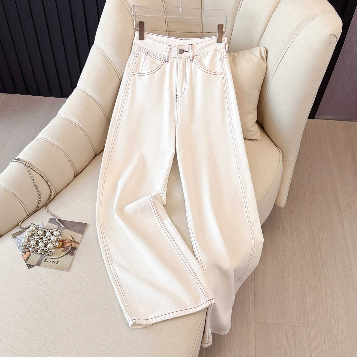 拉夏贝尔2025秋冬高腰宽松休闲直筒裤白色简约百搭女牛仔裤拖地裤,女装/女士精品,牛仔裤,淘宝优惠券,粉丝福利购,淘宝优惠卷