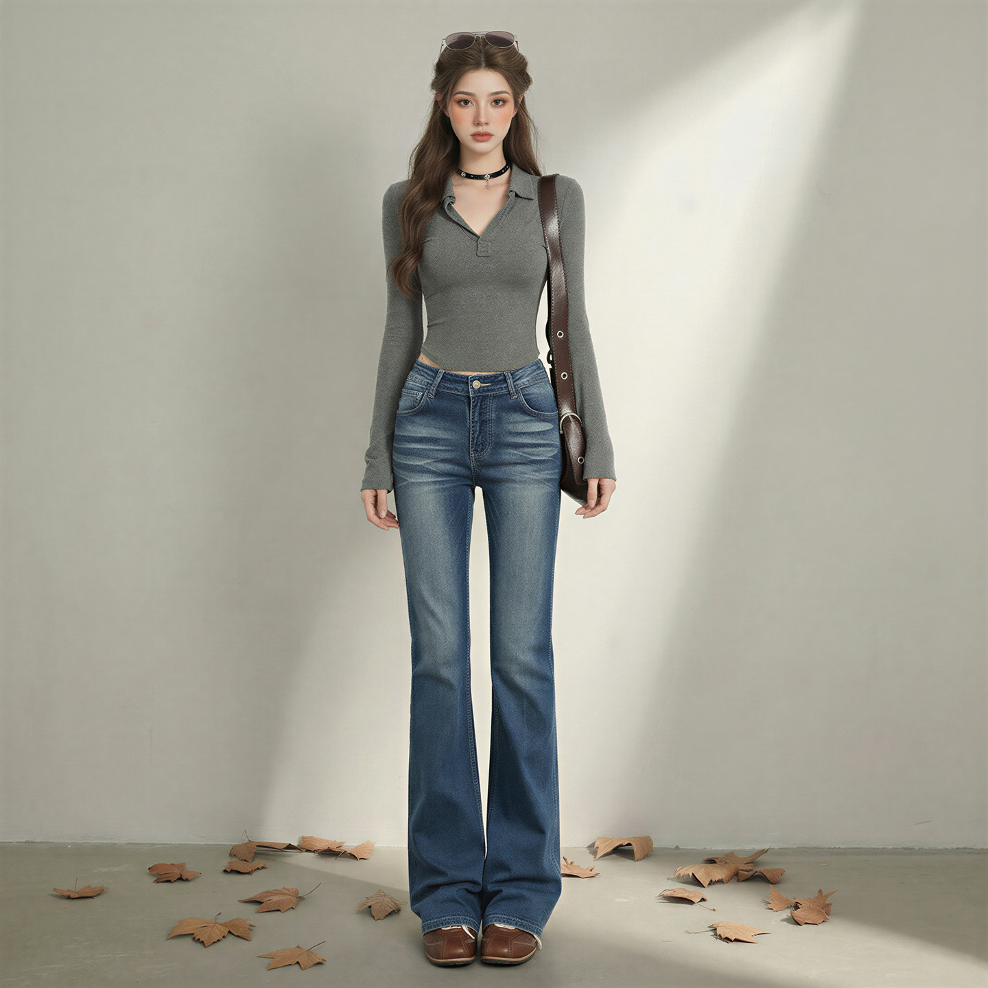 拉夏贝尔微喇牛仔裤女2026春季新款高腰修身显瘦拖地马蹄裤