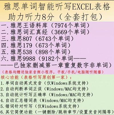 雅思王听力语料库EXCEL听写表格807词汇9988词汇179词汇538真经