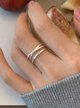 交叉戒指通体S925纯银三层线条