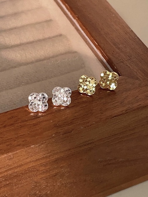 耳钉S925通体纯银金碎冰冰爆闪四叶草轻奢高级感气质小众设计耳饰