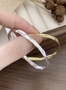 手镯通体S925纯银开口金箔纹手环
