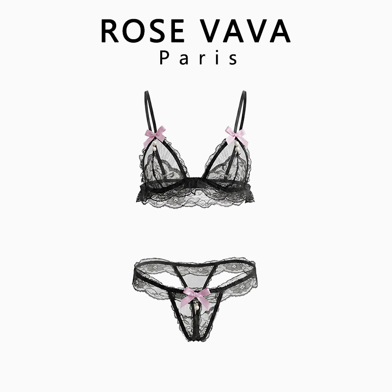 ROSE VAVA 性感蕾丝珍珠镂空内衣透明无钢圈文胸纯欲情调开档套装