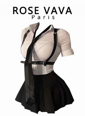 ROSE VAVA性感套装夏天学院风收腰衬衫女超短百褶裙三件套