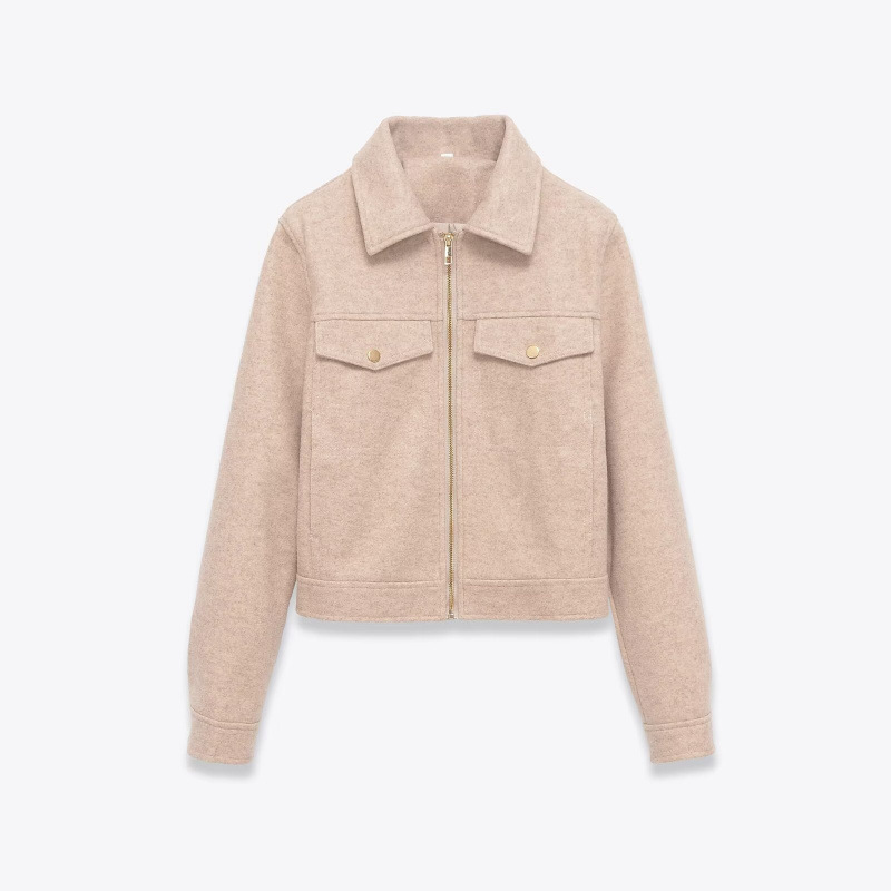 跨境外贸女装2025秋季欧美风翻领长袖口袋拉链饰夹克棒球服外套