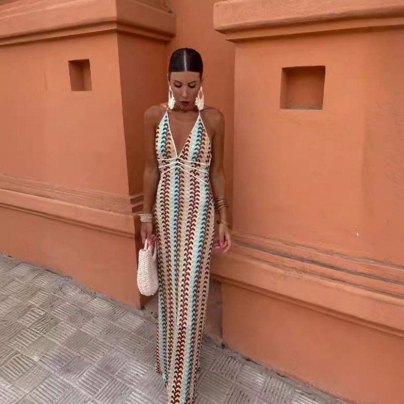 跨境欧美女装速卖通爆款V领钩针吊带露背连衣裙聚会显瘦