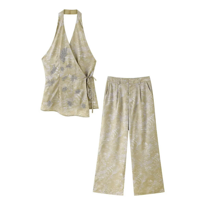 跨境欧美女装速卖通爆款系带收腰串珠绣花上衣+长裤套装