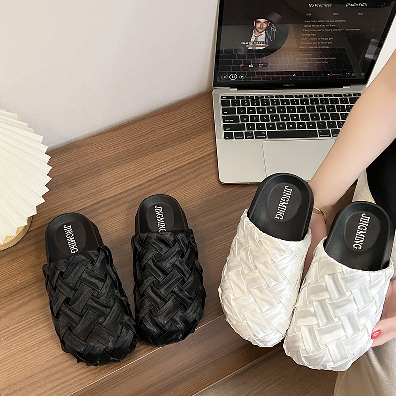 白色复古编制厚底包头拖鞋女款夏外穿2026新款小个子增高勃肯半拖