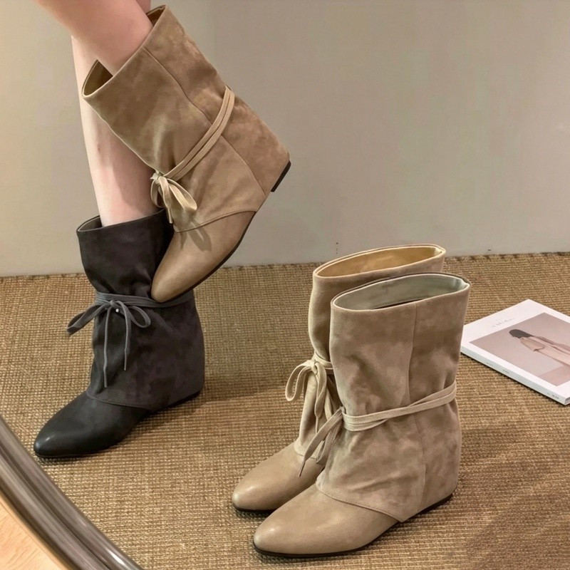 韩版尖头系带内增高堆堆短靴女