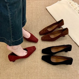 法式方头浅口单鞋女中跟通勤工作鞋气质低跟女鞋