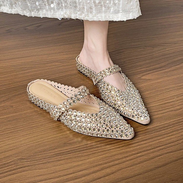 水钻尖头包头半拖内增高女鞋
