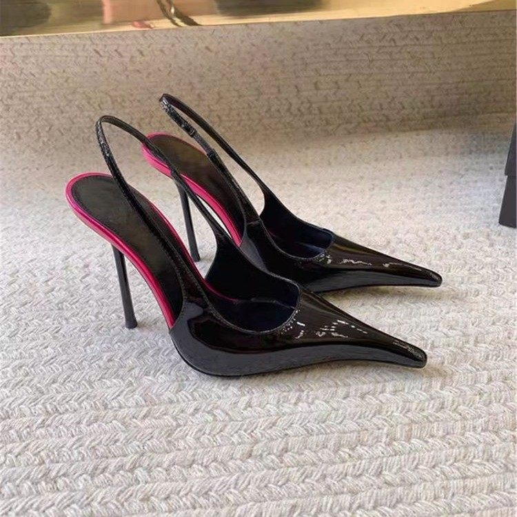 性感漆皮尖头后空超高跟凉鞋女