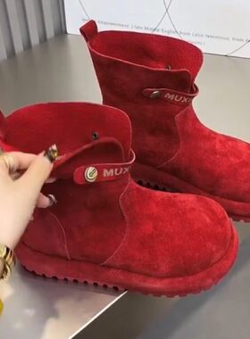 红色两穿厚底勃肯马丁短靴女款