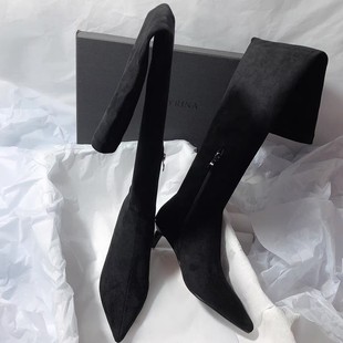 法式2025年秋冬显腿长卡其色尖头高跟弹力瘦瘦靴百搭过膝瘦腿靴子