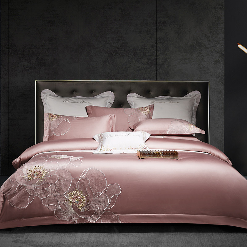 120支高档床上被套全棉四件套纯棉简约轻奢绣花豆沙粉色床单床品