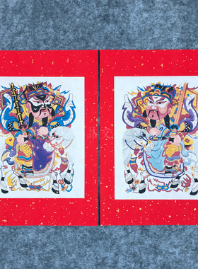 马年春节传统复古红底宣纸年画门神门贴怀旧中国风秦叔宝尉迟春联