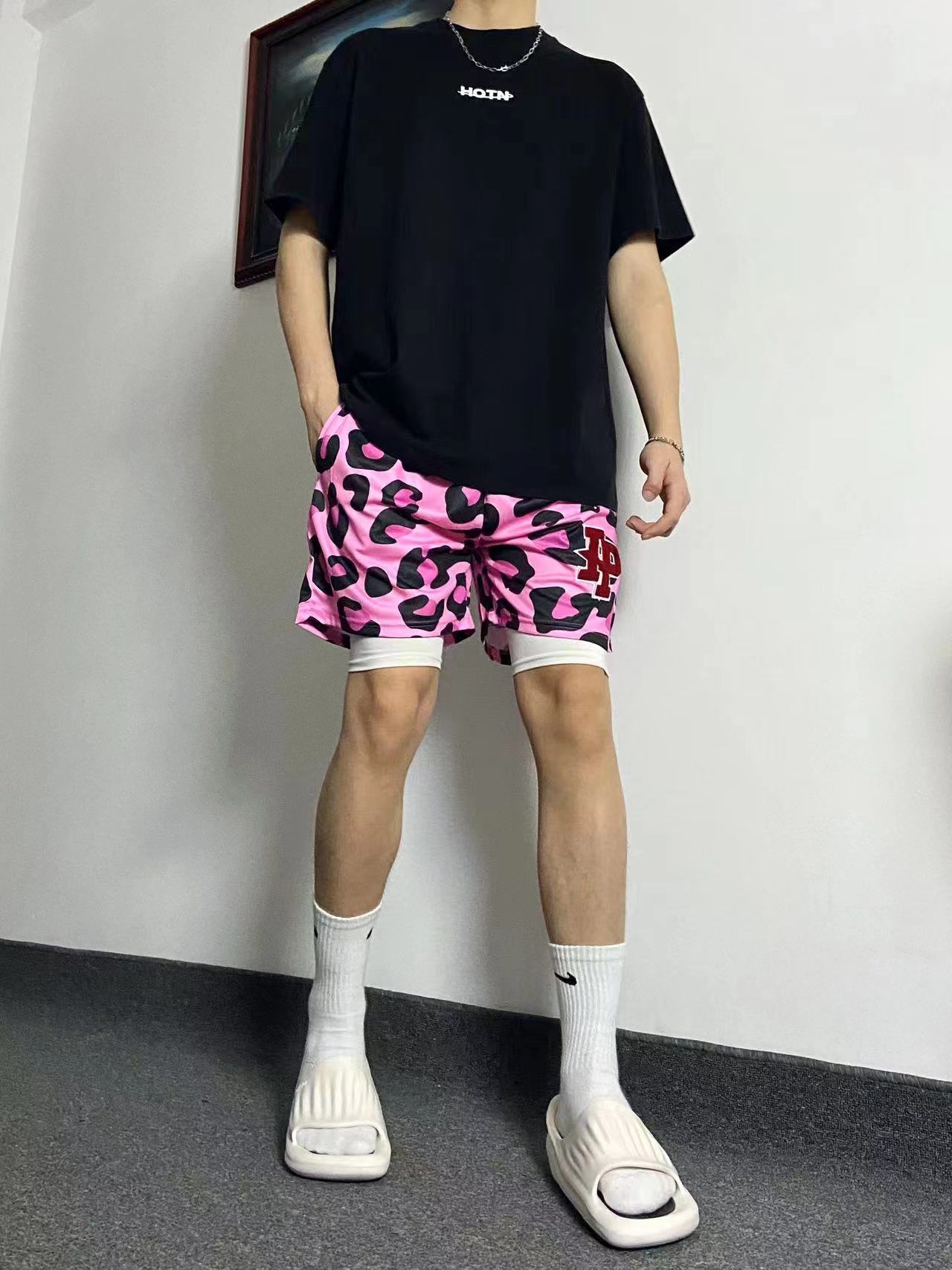 假两件美式篮球短裤粉色豹纹不过膝四分裤男潮街头运动速干训练裤