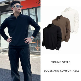 美式休闲长袖男老钱风海鸥领针织POLO衫纯色轻薄弹力板正翻领上衣