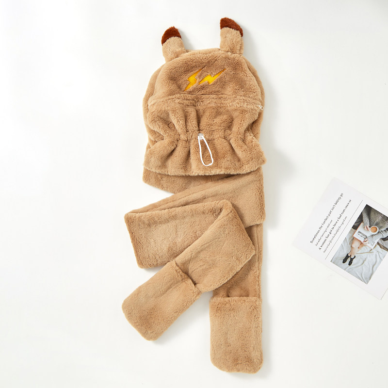 搞怪遮脸可爱皮卡丘保暖套头帽子围巾一体秋冬季手套女三件套毛绒