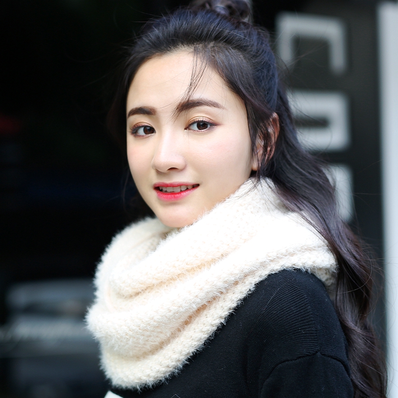 百搭韩版秋冬季毛毛绒保暖女士纯色毛线围脖套头加厚针织学生围巾