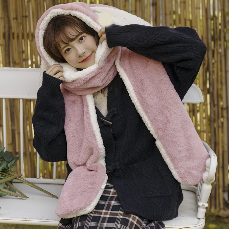 봉제인형 토끼귀 부동 머플러 장갑 모자 원피스 3종 세트 겨울 여성용 귀여운 동북 방한 보온