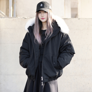 黑色毛领飞行员夹克棉服女款冬季夹棉加厚外套美式复古中性风穿搭