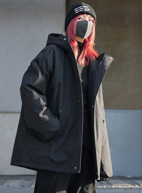 暗黑系机能风工装棉服中长款黑色棉衣黑暗系酷飒风女装秋冬季外套