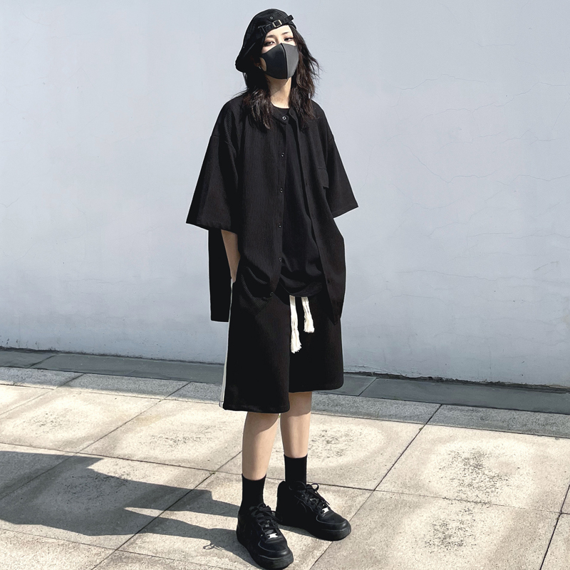 酷飒山本风日式无领宽松中袖衬衫