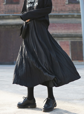 黑色褶皱长裙高腰a字半身裙暗黑哥特日系山本风女装裙子春秋显瘦