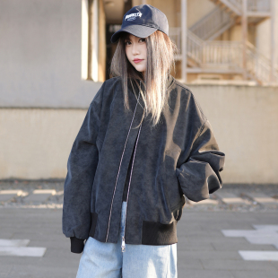 复古pu皮飞行员夹克中性风宽松立领棒球服外套 女美式 2026新款 春装