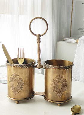 印度进口手工复古花边黄铜刀叉筷子收纳筒笔筒化妆笔筒装饰摆件