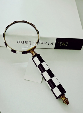 黑白格牛骨放大镜欧美式印度进口手持高清放大镜书房老人装饰摆件