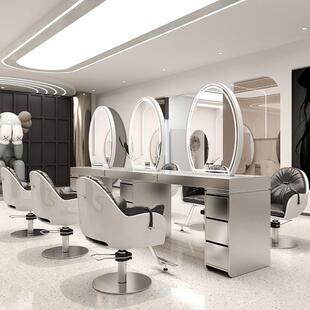 网红理发店镜台不锈钢发廊专用双面大理石美发镜子剪发烫染桌带柜