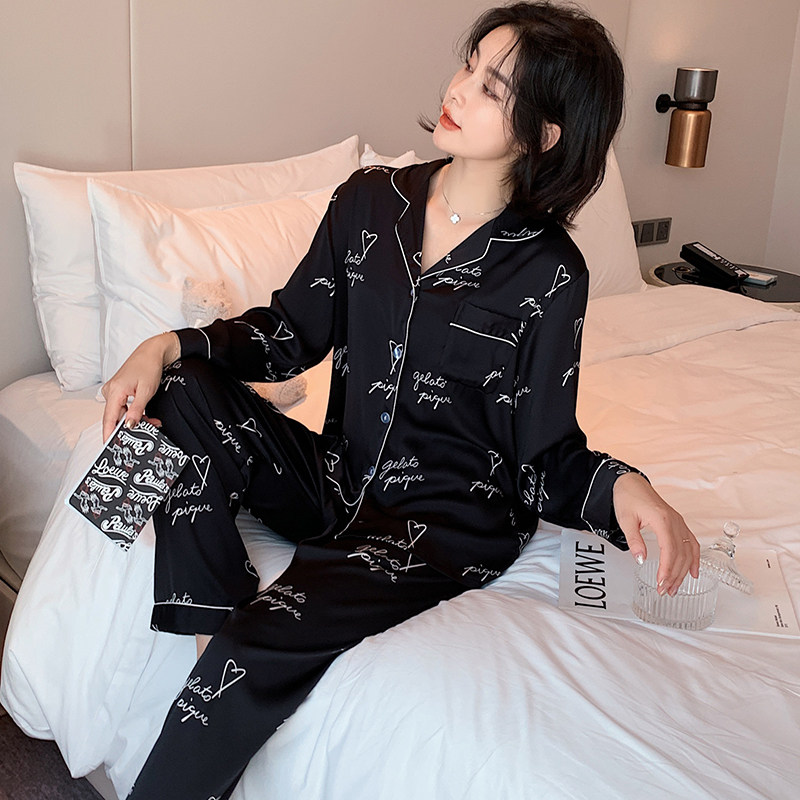 情侣睡衣女春秋冰丝长袖薄款夏套装丝绸宽松黑色时尚家居服男士秋