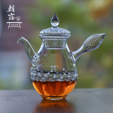雅雅玻璃朝露系列高硼硅耐热玻璃茶具灯工工艺手工吹制滴露侧把壶