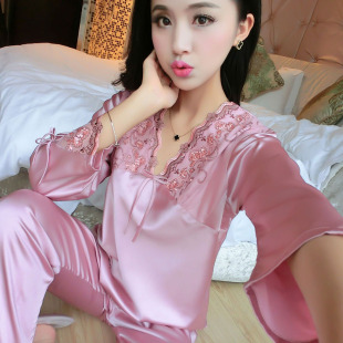 新款丝质睡衣女夏短袖丝绸睡衣套装情侣蕾丝大码春秋季家居服